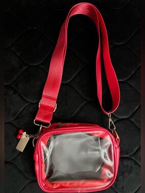 3 Way Clear & Red Bag With Removable Adjustable Strap + FREE Cherry Bag Charm
